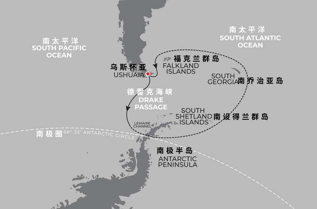 21天南极+南设得兰群岛+南乔治亚岛+福克兰群岛三岛环线地图