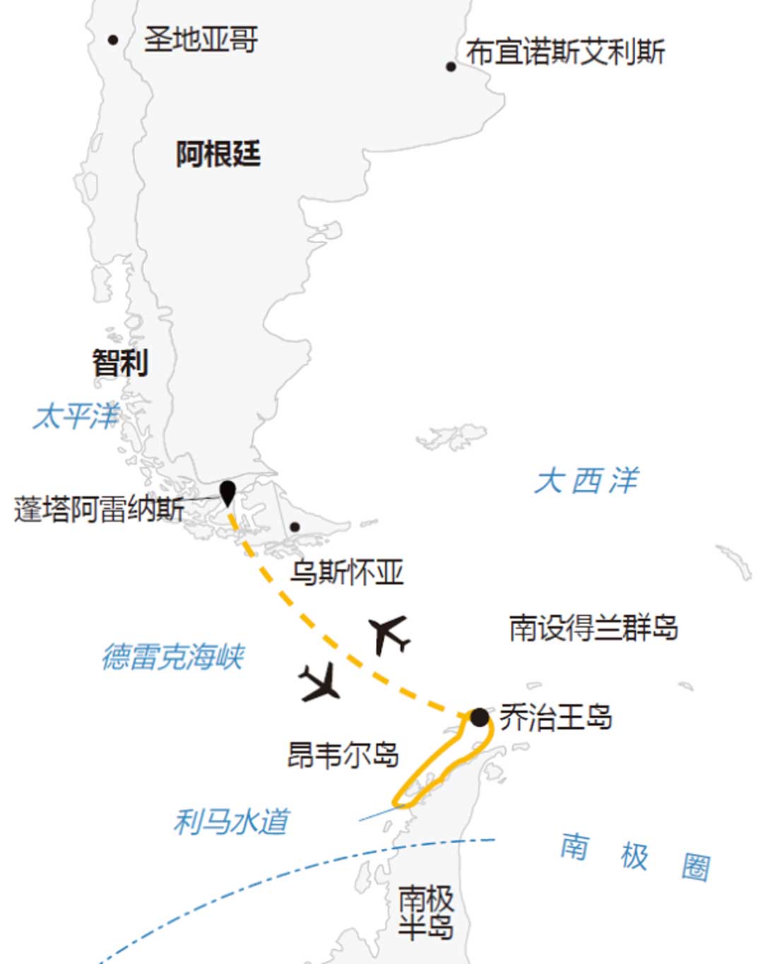 8天智利直飞南极半岛行程地图