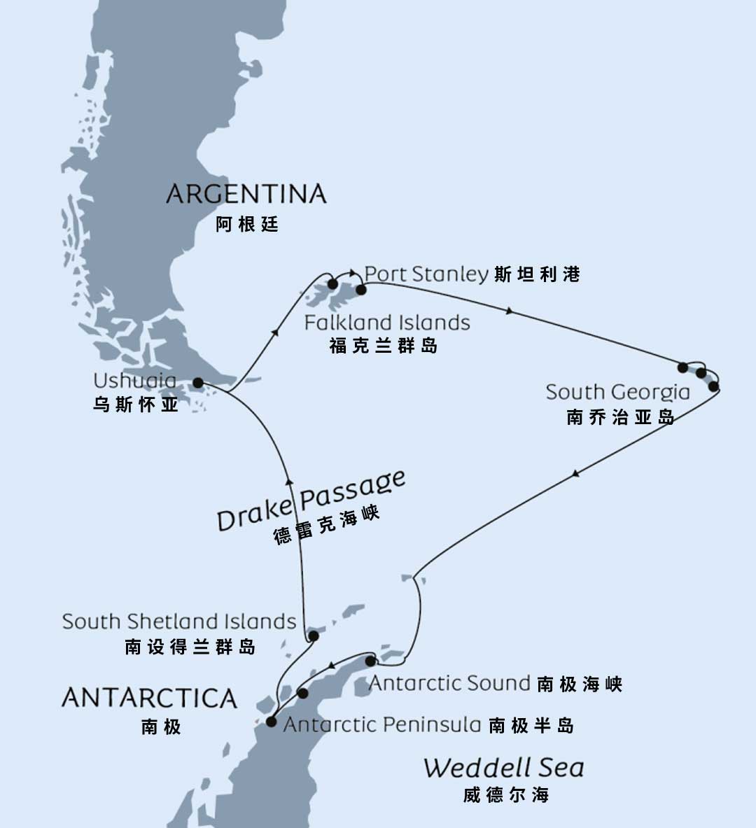 海洋信天翁号Ocean Albatros 11天跨越南极圈旅行的行程示意图