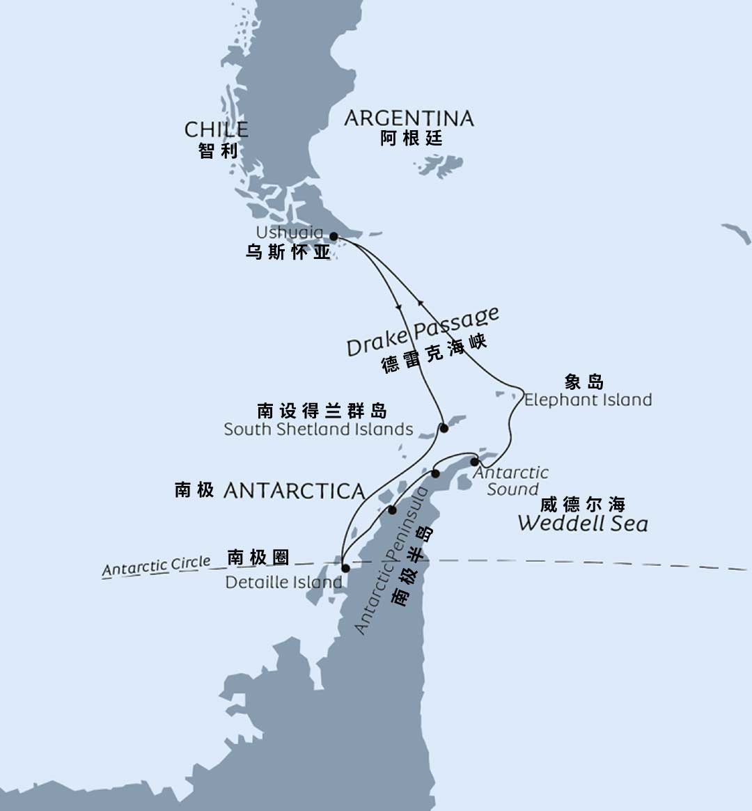 海洋信天翁 Ocean Albatros 12天跨越南极圈行程地图