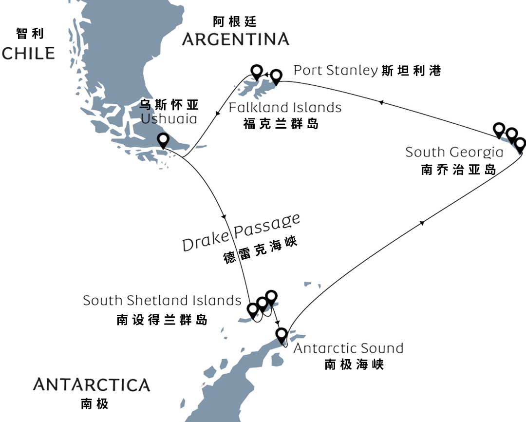 19天乌斯怀亚出发三岛环线南极游路线示意图