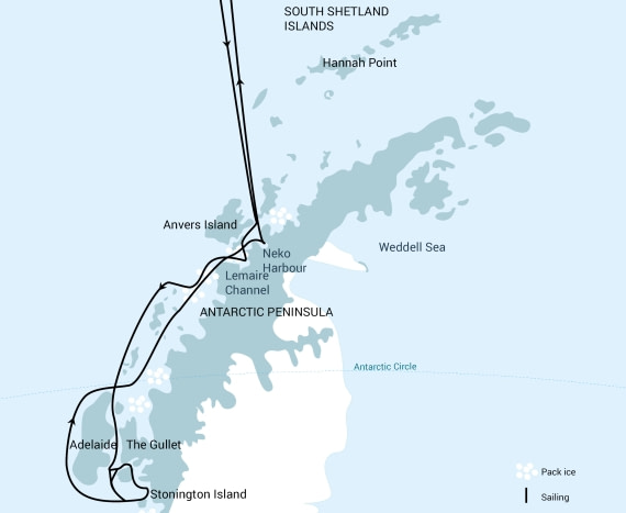 南极半岛+穿越南极圈14天深度南极游地图
