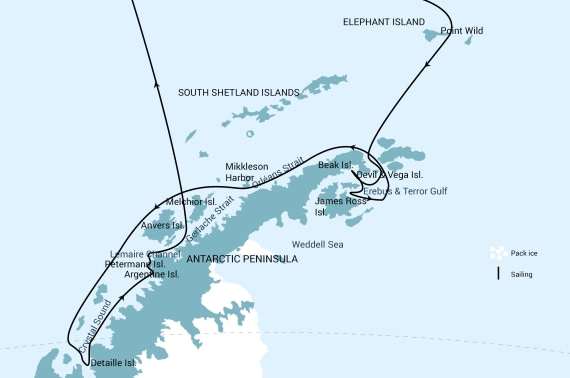 南极半岛+象岛+威德尔海+跨南极圈15天行程地图