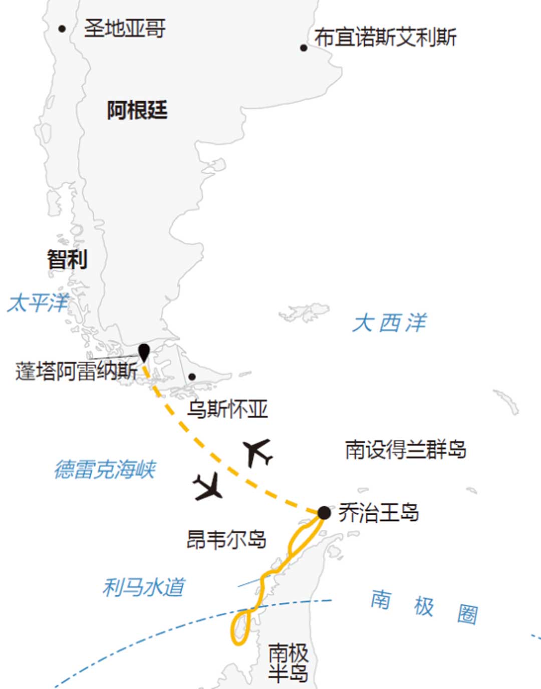 11天智利直飞南极乔治王岛，跨南极圈+南极半岛 行程地图