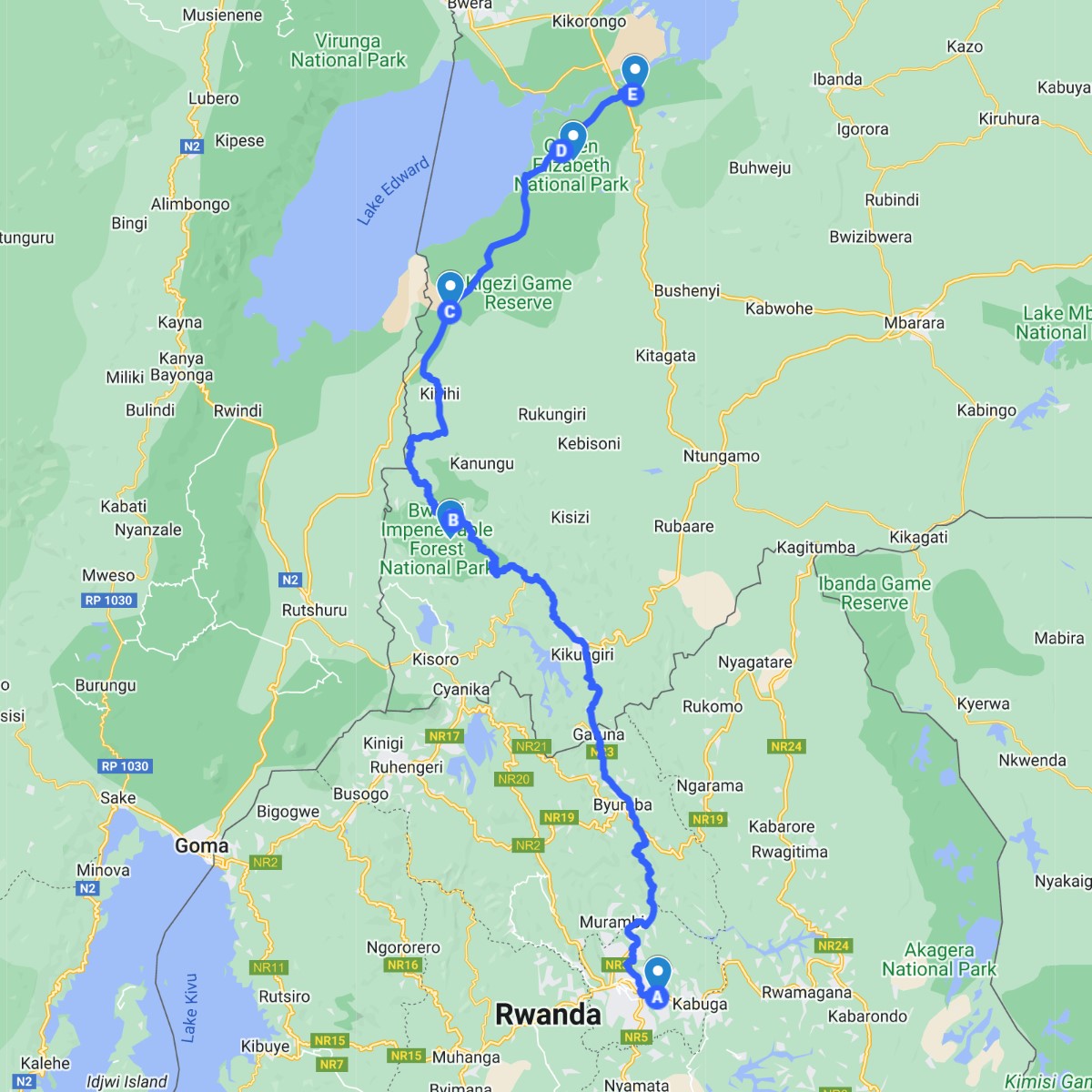 卢旺达和乌干达6日游行程地图