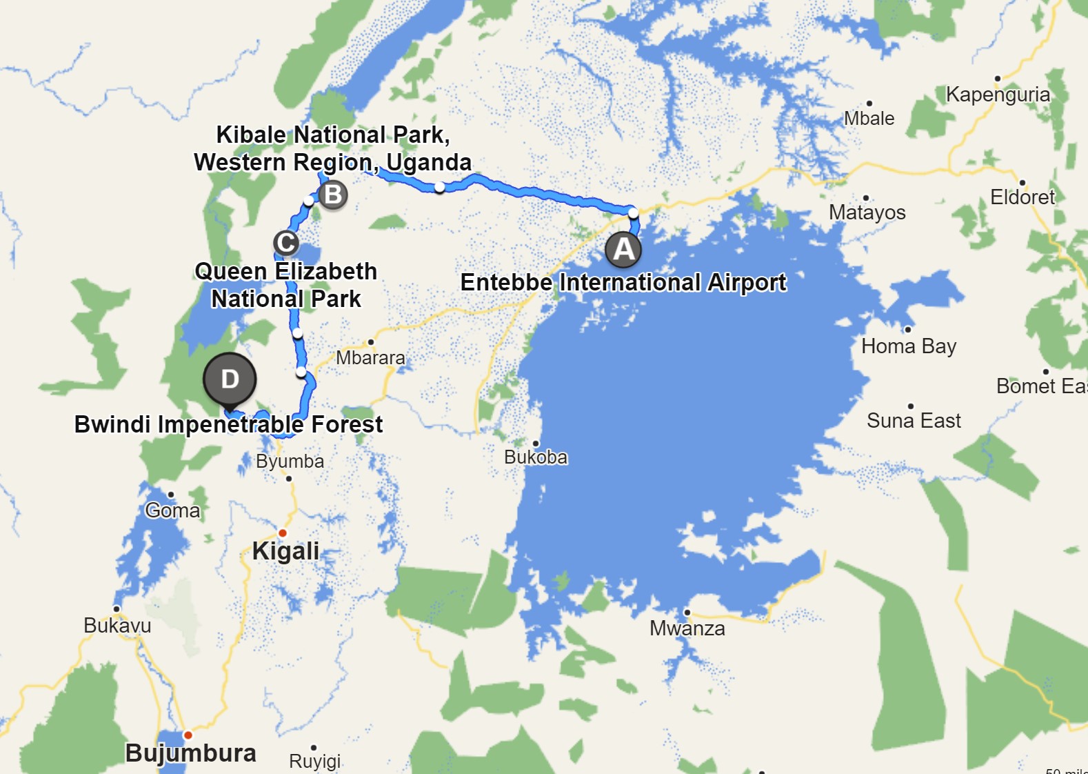 乌干达追踪大猩猩5日游行程地图